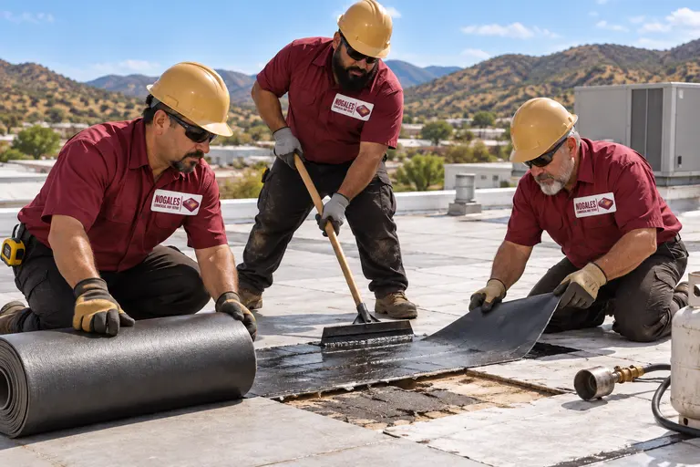 Three roofers rolling out and brushing in a membrane repair on a flat roof