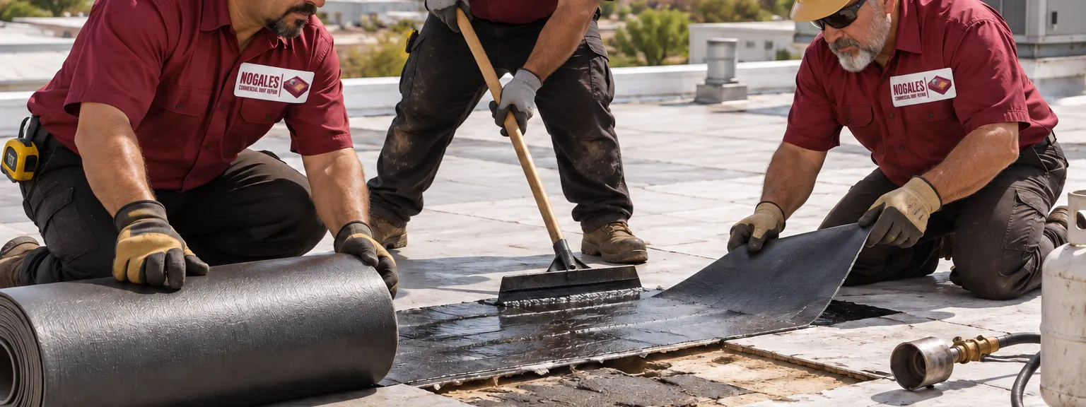 Three roofers rolling out and brushing in a membrane repair on a flat commercial roof in Nogales
