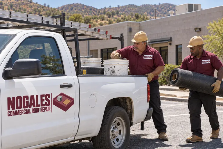 Roofers unloading membrane rolls and buckets from a work truck at a block building