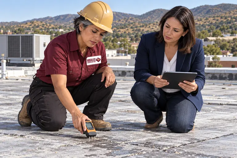 Roofer taking a moisture meter reading on a flat roof beside a property manager with a tablet