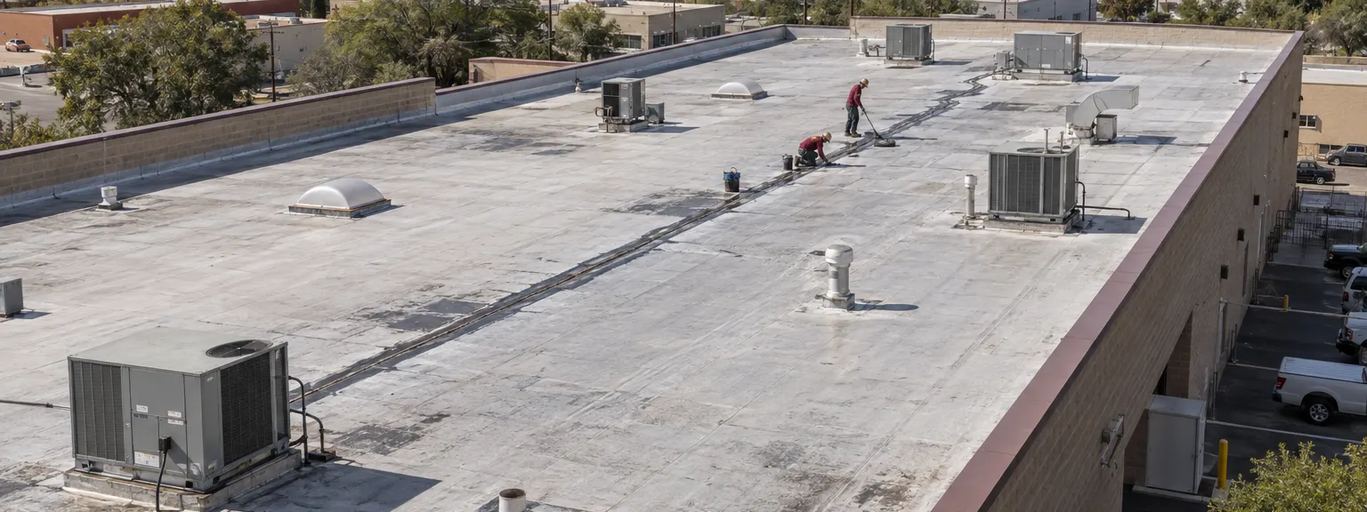 Two roofers working at a patch area on a long flat warehouse roof with rooftop units