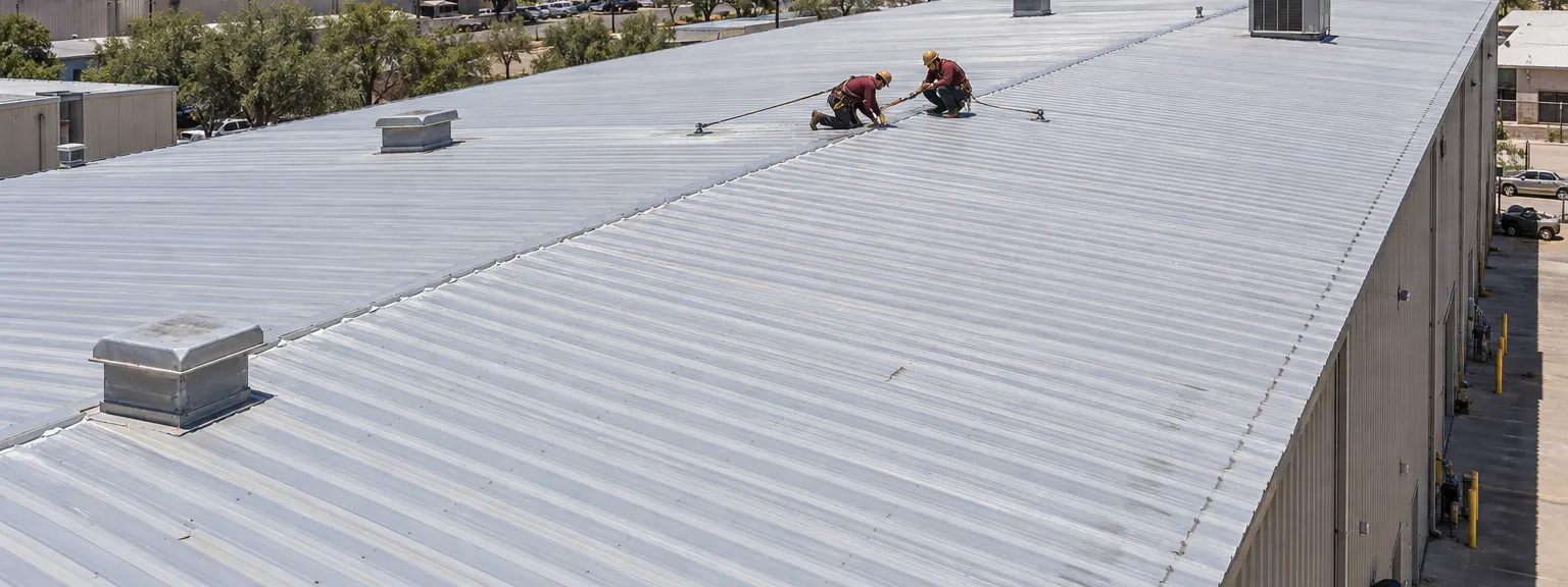 Two roofers replacing screws along the ribs of a metal warehouse roof in Nogales