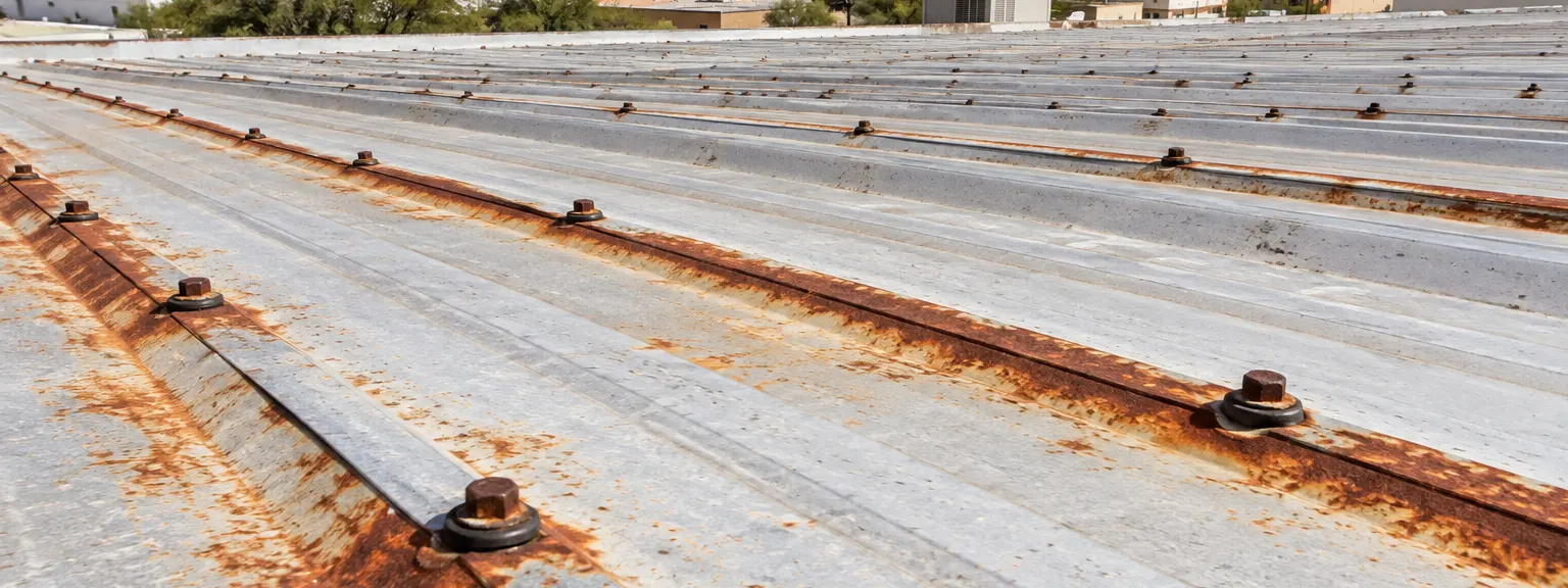 Rust bloom along fastener heads and a panel lap on a metal roof in Tumacacori-Carmen, AZ