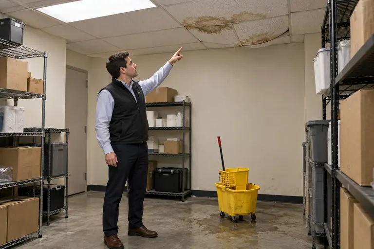 Facility manager pointing at a stained ceiling tile above a wet storage room floor