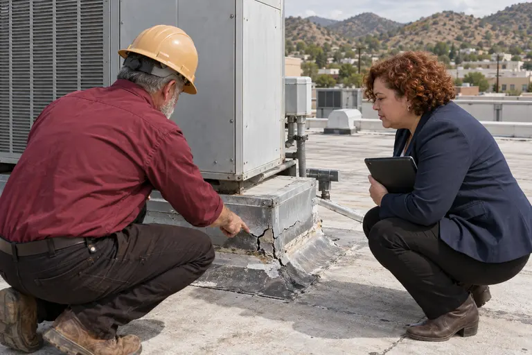 Roofer pointing at cracked flashing at the base of a rooftop unit curb