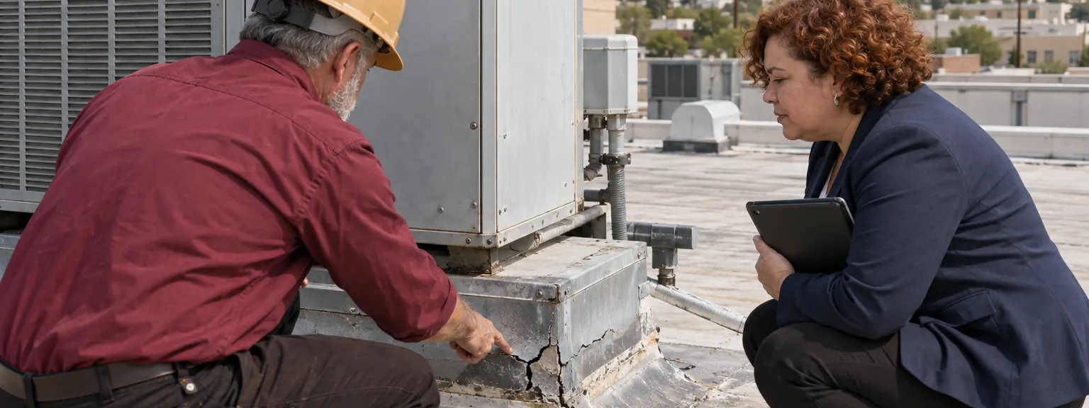 Roofer pointing at cracked flashing at the base of a rooftop unit while a property manager watches