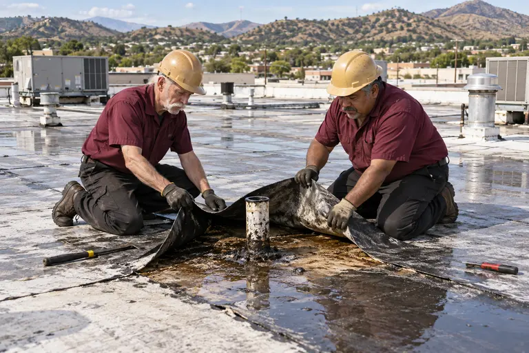 Two roofers lifting wet membrane around a pipe penetration to reach the leak