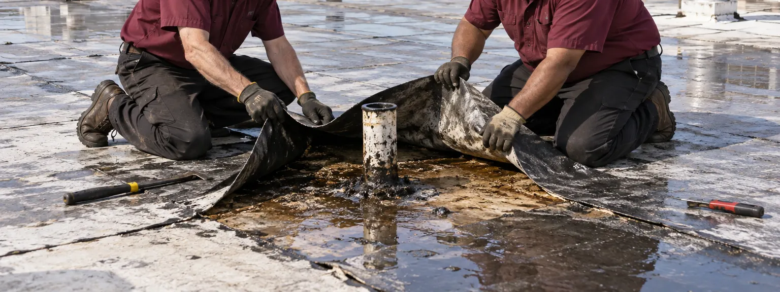 Two roofers lifting a wet membrane flap around a pipe penetration to find a leak source