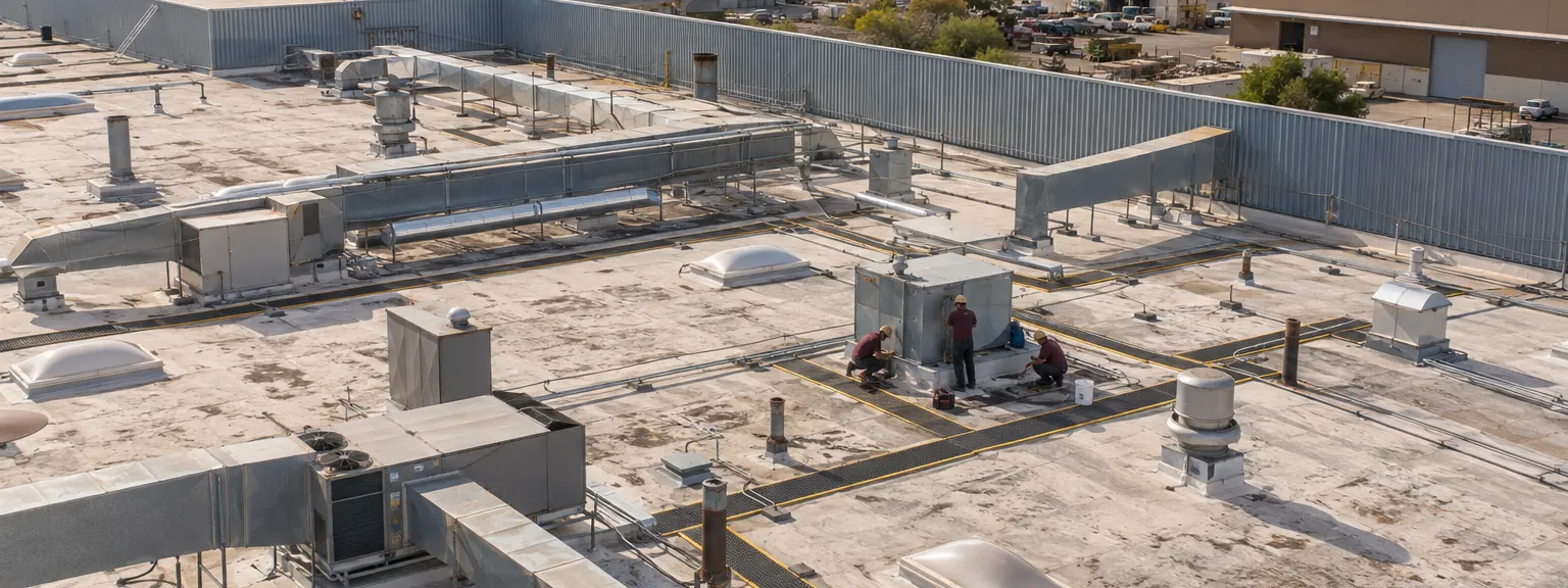 Roofers sealing a curb among ductwork and exhaust fans on an industrial roof near Nogales