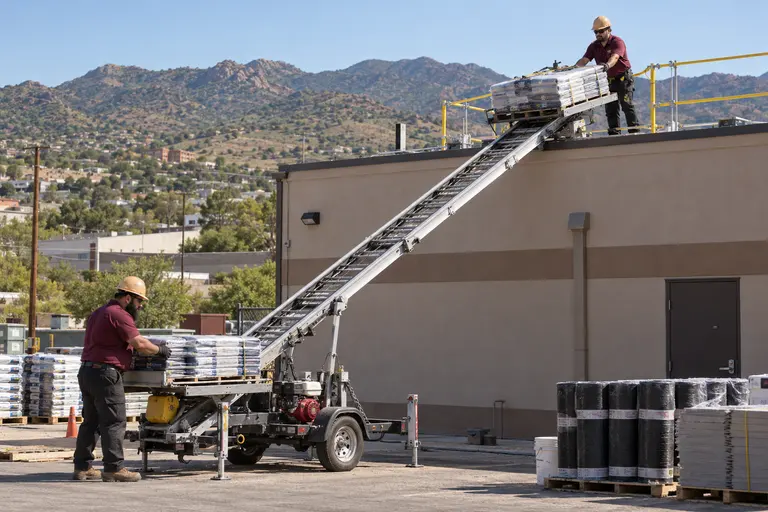 Material conveyor lifting supplies to a roof edge with guardrails