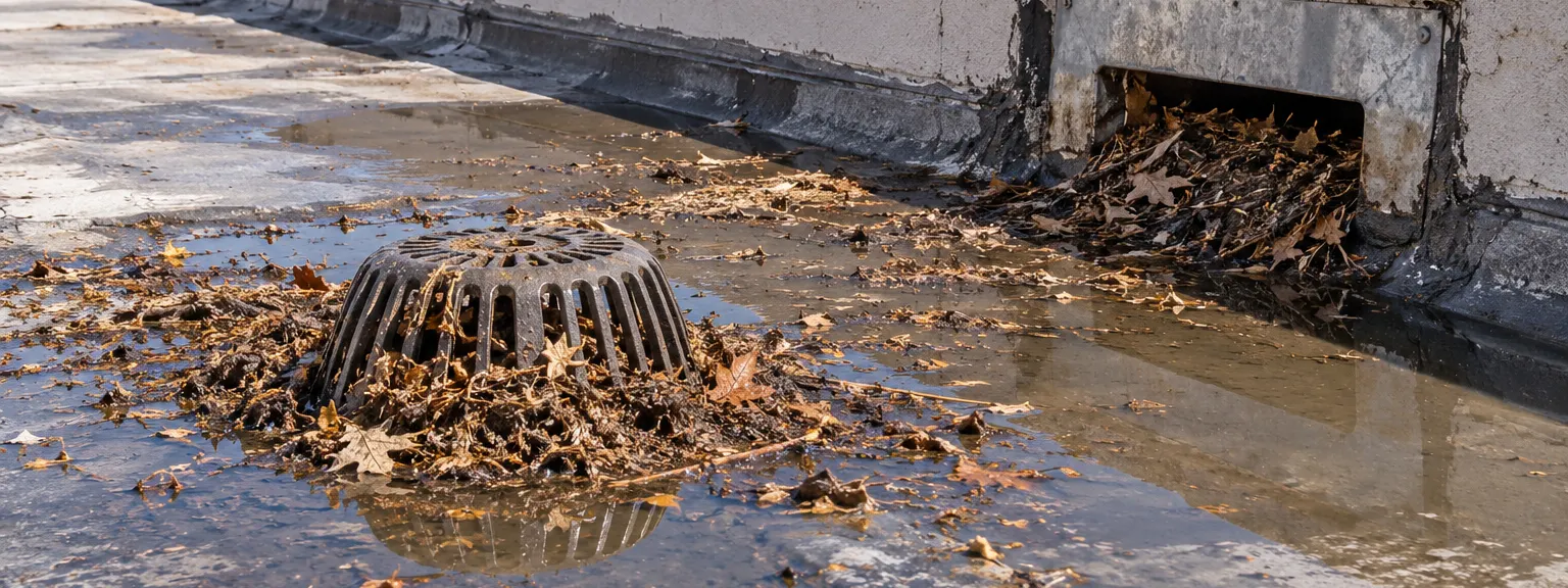 Roof drain and parapet scupper packed with leaves, with standing water around the drain in Tubac, AZ