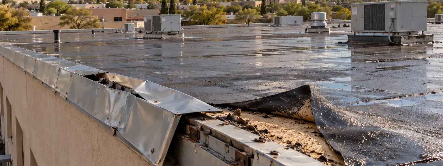Peeled edge metal and torn membrane at a roof edge after a storm near Amado, AZ