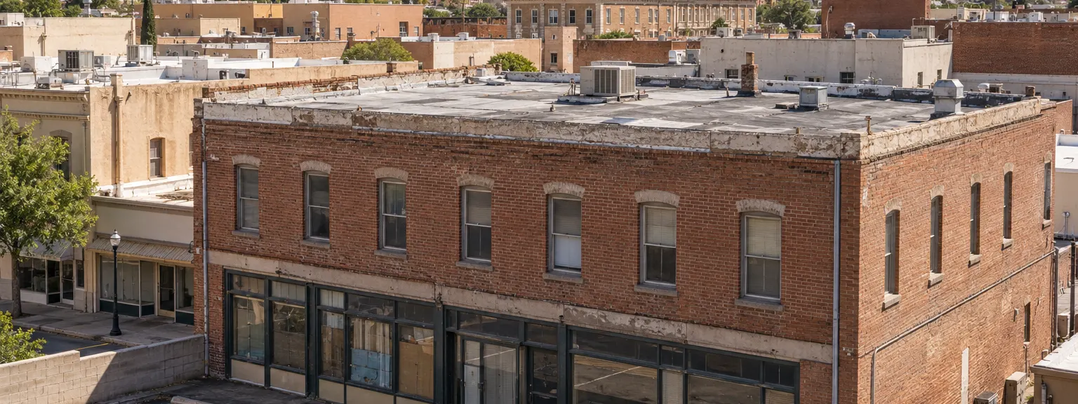 Two-story brick downtown storefront building with a flat roof and parapets