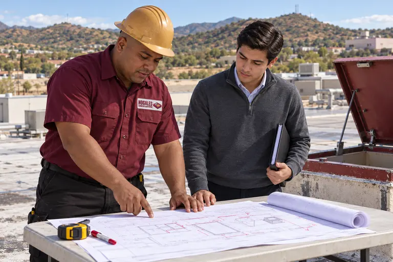 Roofer and owner reviewing a roof plan by a roof hatch